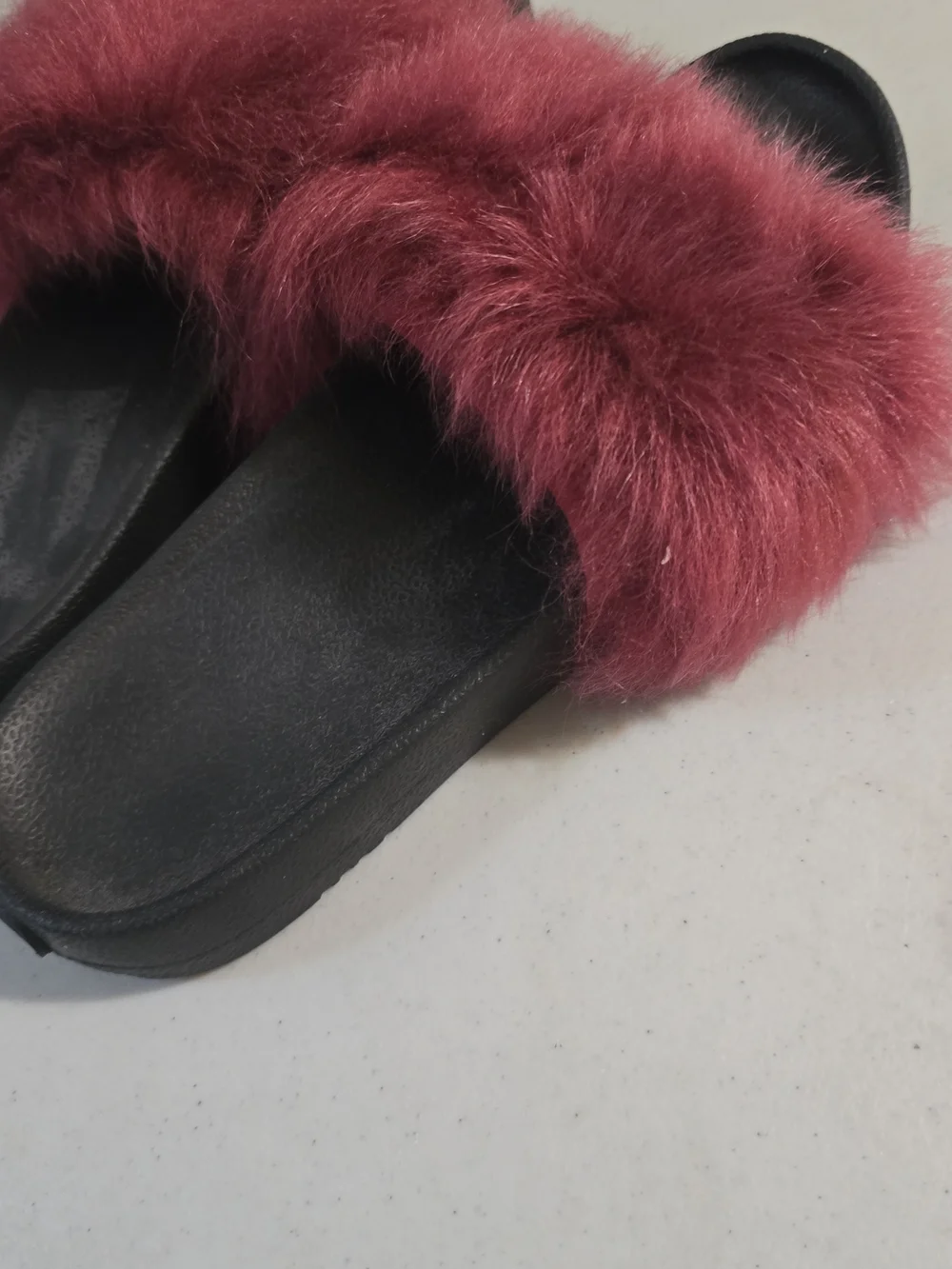 UGG Women's Black Slide Sandals with Burgundy Faux Fur Strap